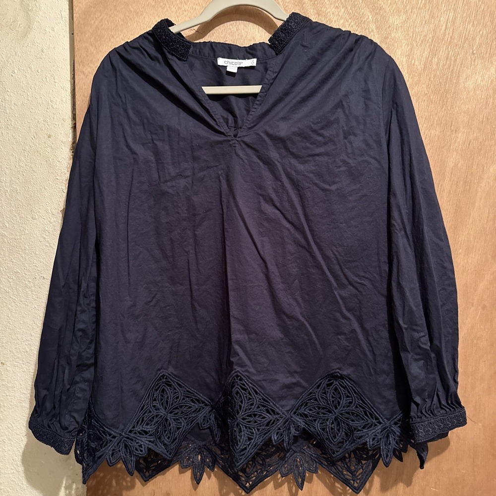 Chico's Lace Trim Blouse Size 2 U.S 12 V Neck Long Sleeve Color Navy